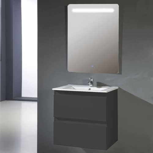 Meuble de salle de bain 2 tiroirs + vasque et miroir Led, 60x46 cm, Gris anthracite , Mia