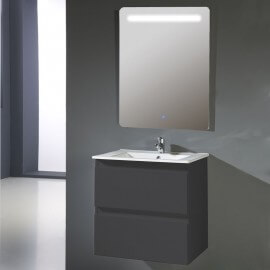 Armario de baño 2 cajones + lavabo y espejo Led, 60x46 cm, gris antracita, Mia