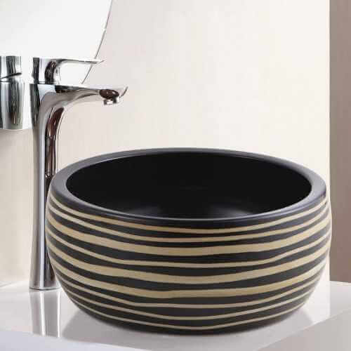 Vasque à Poser Ronde - Céramique rainurée Noire et Caramel - 41 cm – Etnic | Rue du Bain