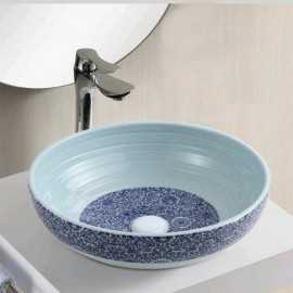 Round Poser Vasque - White and Blue Ceramic - 41 cm - Vintage