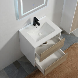 Meuble de salle de bain 2 Tiroirs - Blanc et Chêne Gris - Vasque - 60x46 cm - Scandinave
