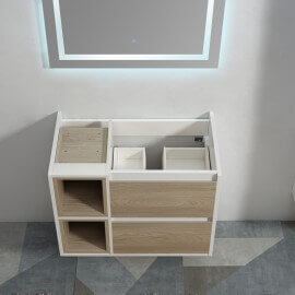 Meuble de salle de bain 2 Tiroirs 2 Niches - Blanc et Chêne Gris - Vasque - 80x46 cm - Scandinave