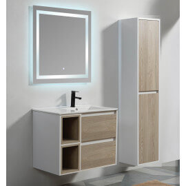 Meuble de salle de bain 2 Tiroirs 2 Niches - Blanc et Chêne Gris - Vasque - 80x46 cm - Scandinave