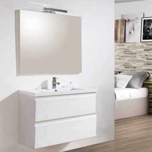 Armario blanco colgante de baño 80 cm - 2 cajones - Vasque - Lámpara espejo led - Ciudad