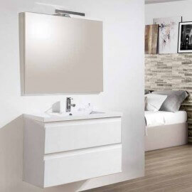 Armario blanco colgante de baño 80 cm - 2 cajones - Vasque - Lámpara espejo led - Ciudad