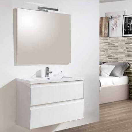 Armario blanco colgante de baño 80 cm - 2 cajones - Vasque - Lámpara espejo led - Ciudad
