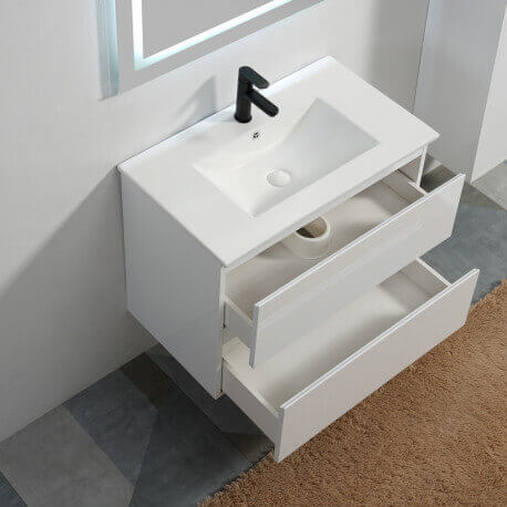 White hanging bathroom cabinet 80 cm - 2 drawers - Vasque - Mirror lamp led - City