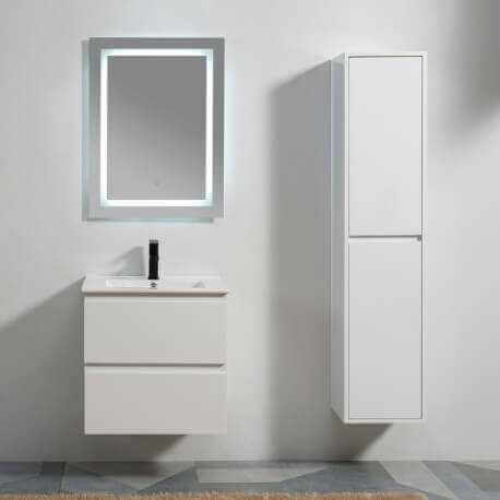 Meuble de salle de bain 2 tiroirs + vasque et miroir Led 60x46 cm, Blanc, Mia