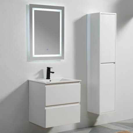 Meuble de salle de bain 2 tiroirs + vasque et miroir Led 60x46 cm, Blanc, Mia