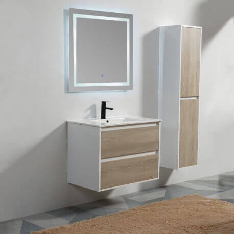 Armadio bagno 2 cassetti + lavabo e specchio Led 80x46 cm, legno, Mia