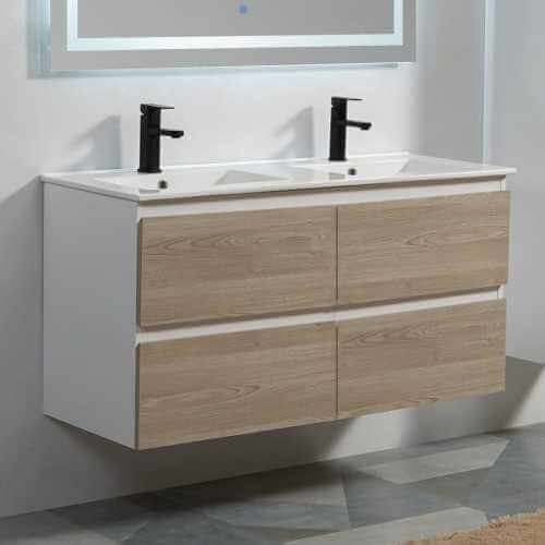 Meuble de salle de bain 4 Tiroirs - Blanc et Chêne Gris - Double vasque - 120x46 cm - Scandinave | Rue du Bain