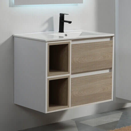 meuble de salle de bain 2 tiroirs 2 niches blanc et chene gris vasque 80x46 cm scandinave