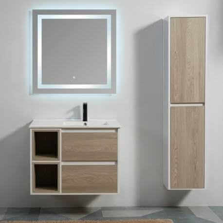 Meuble de salle de bain 2 tiroirs 2 niches 80x46 cm - Blanc et Chêne Gris - Scandinave