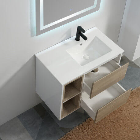 Bathroom cabinet 2 drawers 2 niches 80x46 cm - White and Oak Grey - Scandinavian