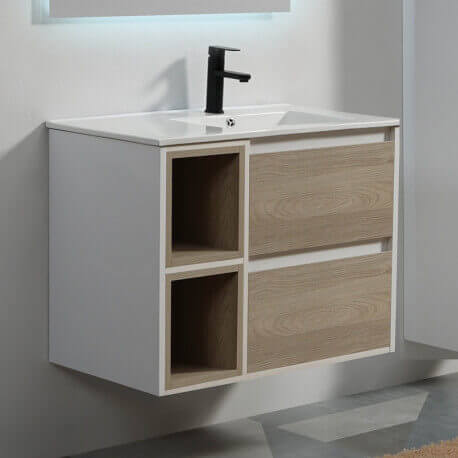 Bathroom cabinet 2 drawers 2 niches 80x46 cm - White and Oak Grey - Scandinavian