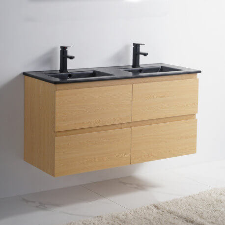 Bathroom furniture 4 drawers - Light oak - Double basin Ceramic Black Mat - 120x46 cm - Bali