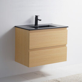 Bathroom cabinet 2 Drawers - Light oak - Ceramic vase Black Mat - 80x46 cm - Bali