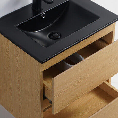 Bathroom cabinet 2 Drawers - Light oak - Ceramic vase Black Mat - 60x46 cm - Bali