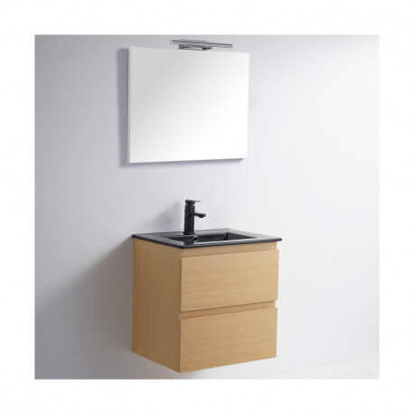 Bathroom cabinet 2 Drawers - Light oak - Ceramic vase Black Mat - 60x46 cm - Bali