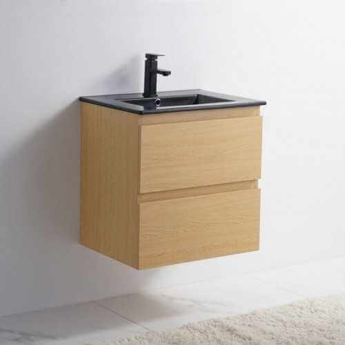 Mueble de baño 2 Dibujos - roble claro - Jarrón de cerámica Mat Negro - 60x46 cm - Bali