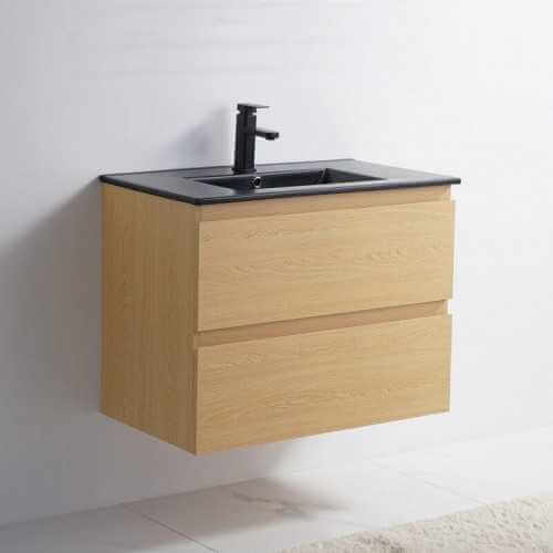 Armadio da bagno 2 Cassetti - rovere chiaro - Vaso in ceramica Mat nero - 80x46 cm - Bali