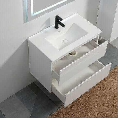 Meuble de salle de bain 2 Tiroirs - Blanc - Vasque - 90x46 cm - City