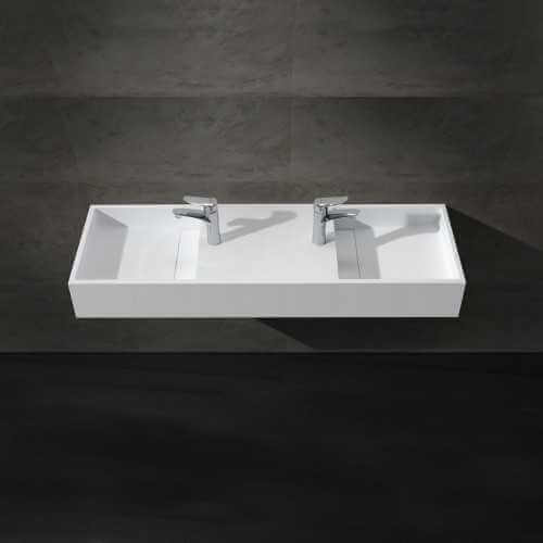 Lavabo double vasque suspendu rectangulaire - Solid surface Blanc mat - 121x40 cm - Twins