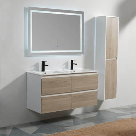 Armadio da bagno 4 Cassetti - Bianco e Rovere Grigio - Lavello doppio - 120x46 cm - Scandinavia