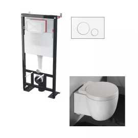 Toilet Set Suspendido Charm blanco - Blanco Circle placa de liberación - Construcción de soporte universal BF 101