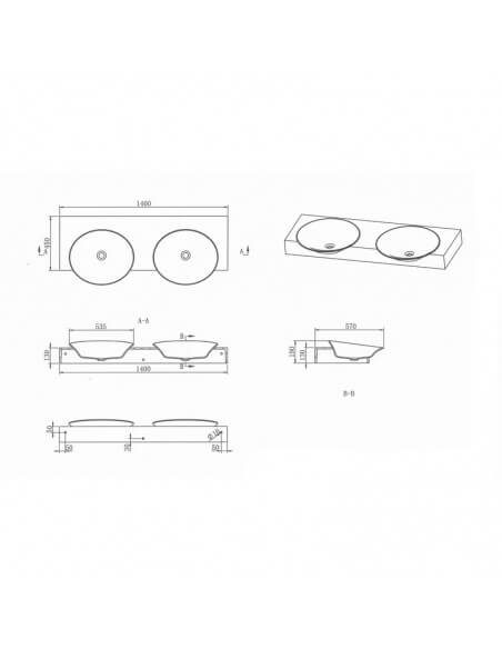 Washbasin suspendiert Doppel Vasque Vollfläche Weiß Mat 140x45cm -Effekt