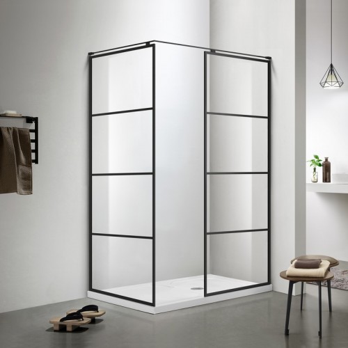 Muro de ducha a pie en vidrio 140x90 cm Perfiles negro mate - Bora