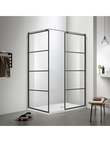 Paroi de Douche Walk in Verre 140x90 cm Profilés Noir mat - Bora